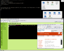evilwm desktop showing terminals, web browser, file manager and clock