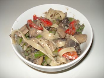 Large bowl of asparagus and mushroom tagliatelle