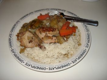 Plate of chicken, leek and lentil casserole
